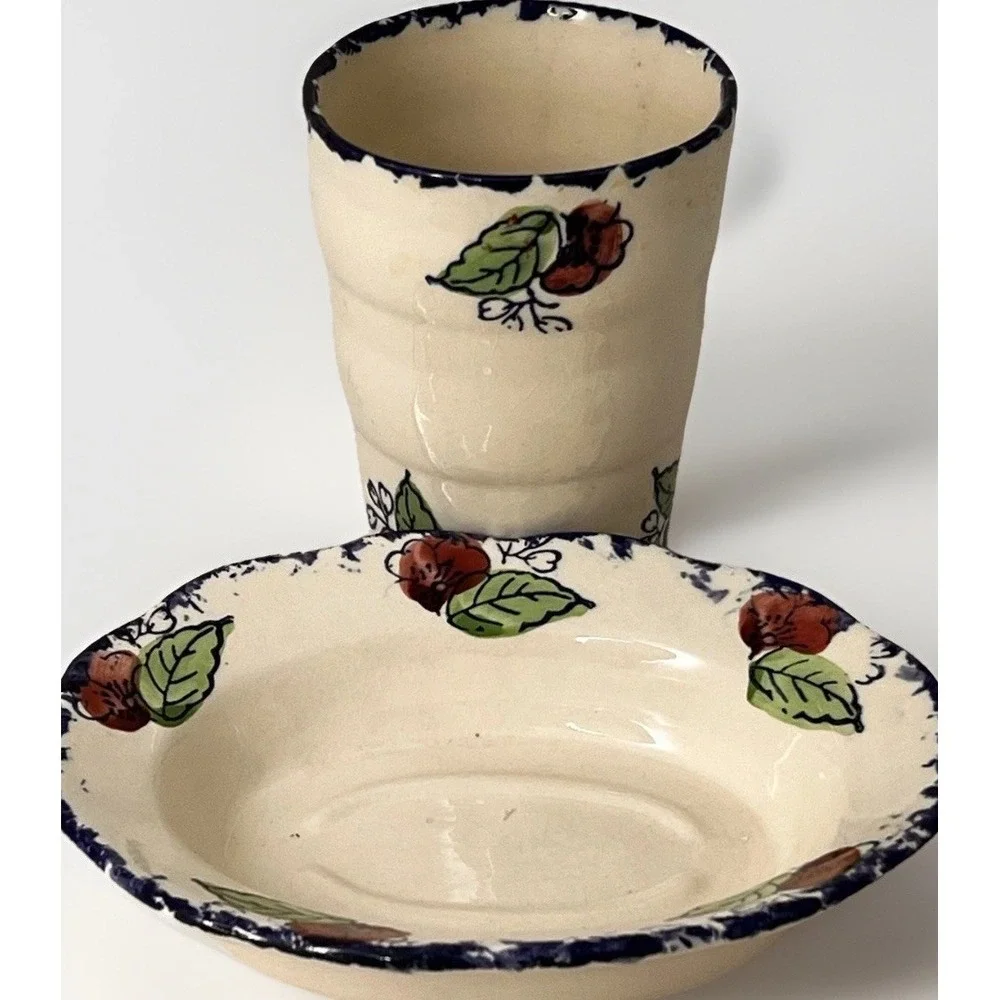 Moorland Staffordshire England Cottage Floral Soap Dish And Cup  Set Blue Rim